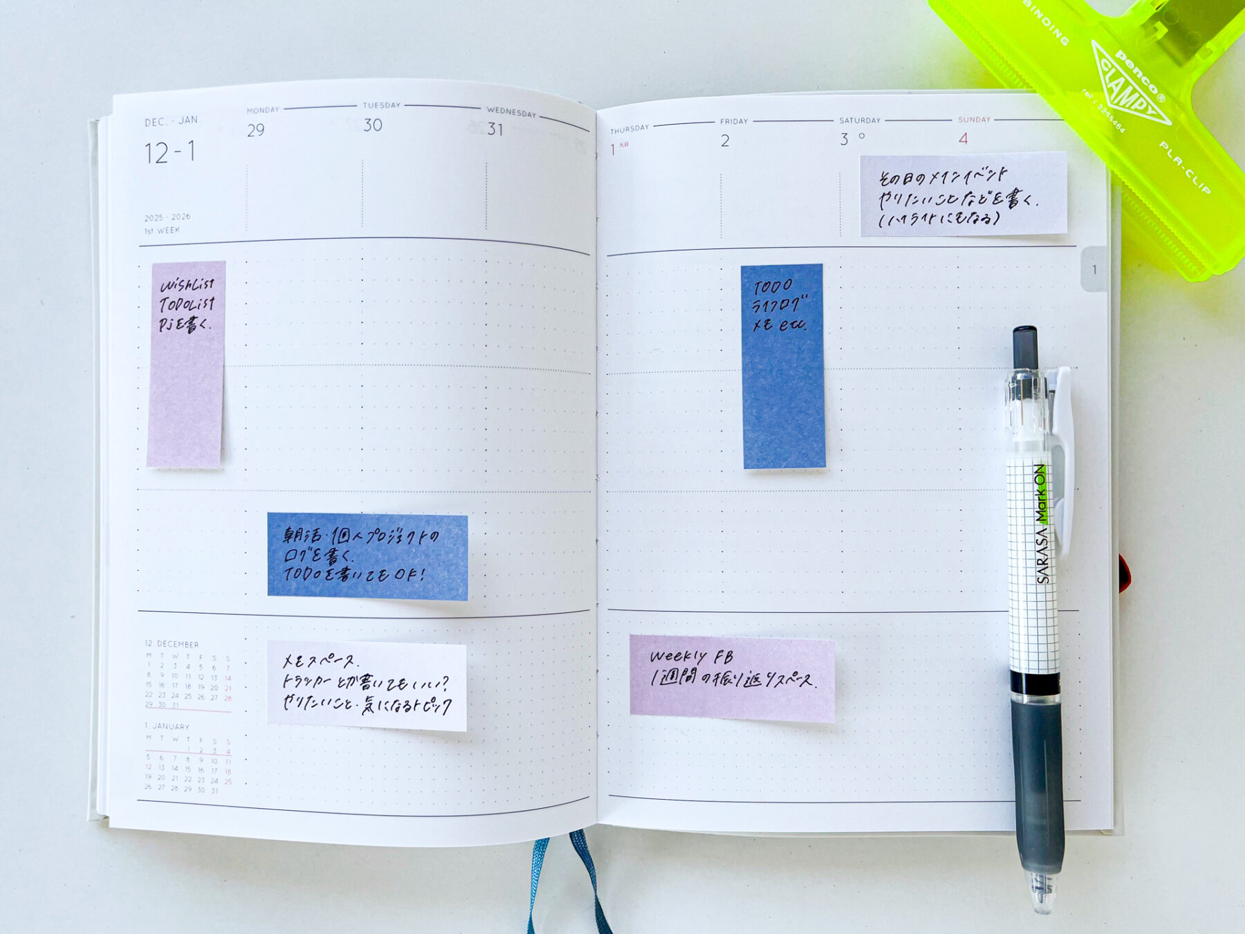 手帳の使い方を整理するするため、書きたい内容を書いたふせんを手帳に張っている
