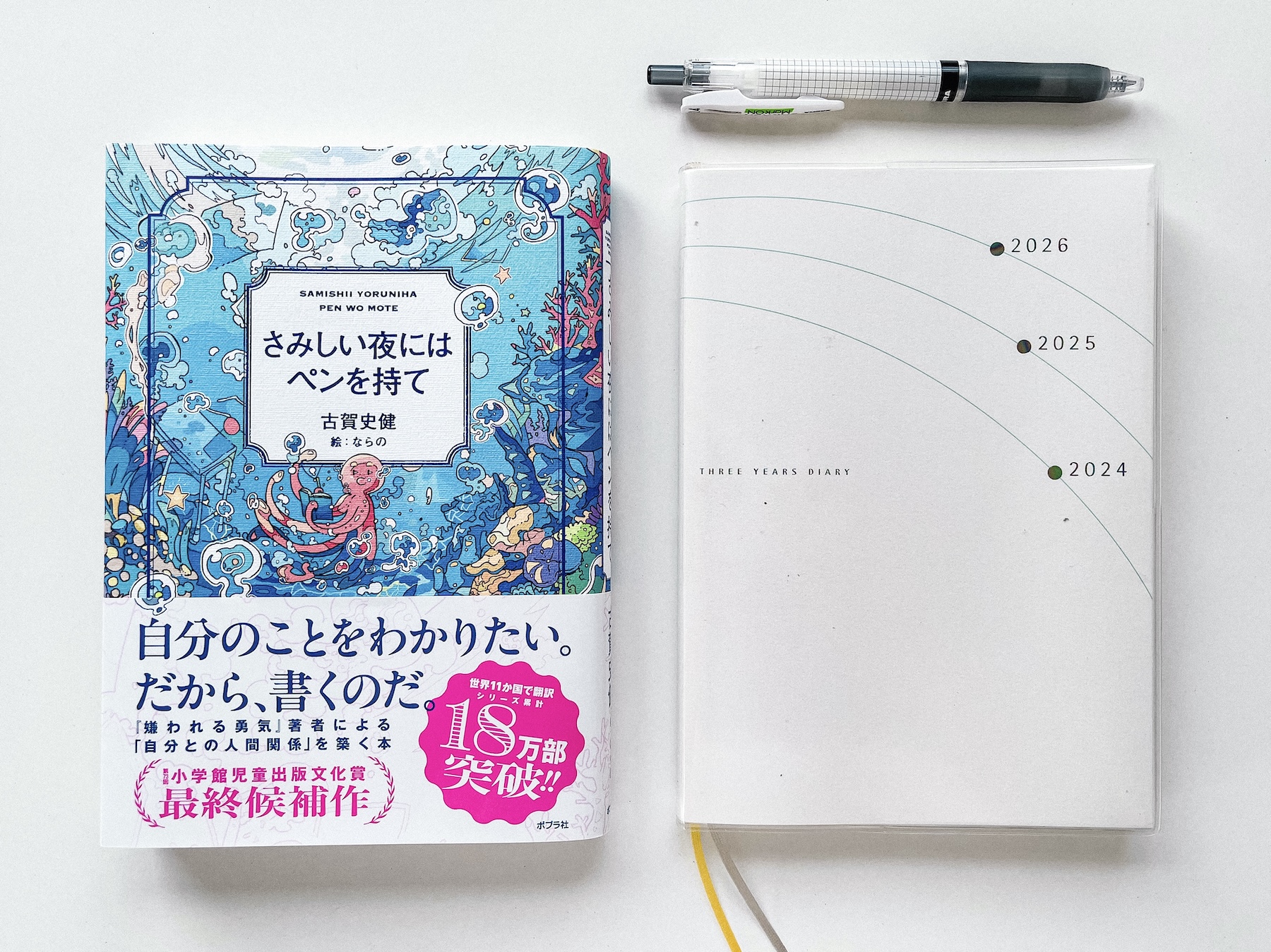 古賀史健著「さみしい夜にはペンを持て」と高橋書店の3年日記、ペンを並べた写真