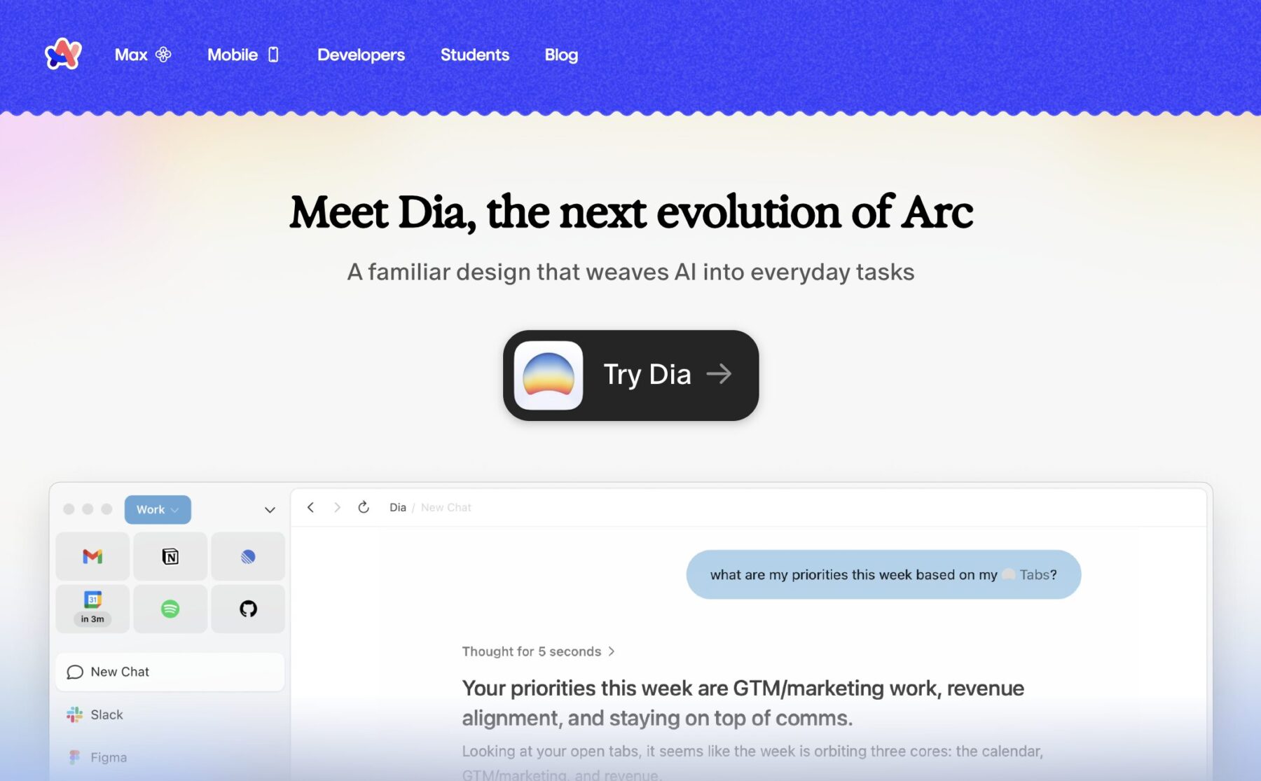 Arc公式サイトにDiaブラウザへの移行リンクが掲載されているスクリーンショット
